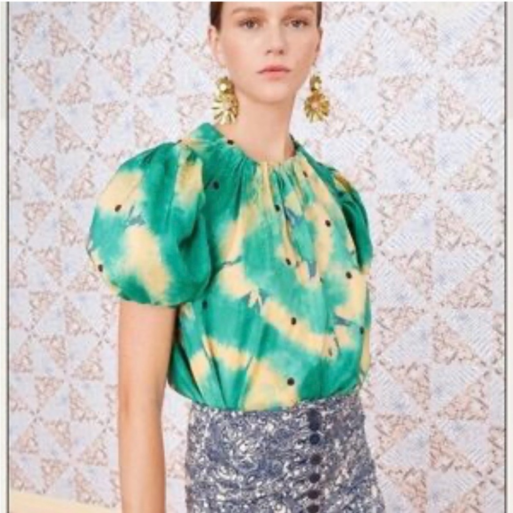 Ulla Johnson Isolda Silk Tie Dye Print Puffed Sleeve Blouse Top Tie Neck Sz 4
